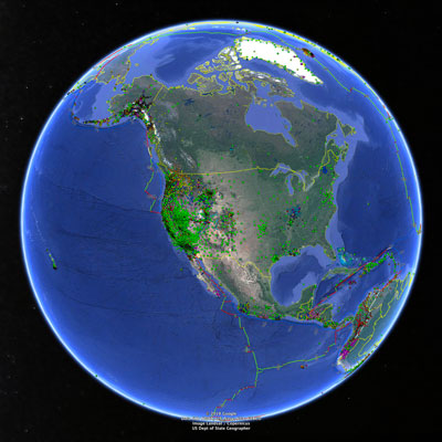 Google Earth image with GPS locations and tectonic boundaries plotted.