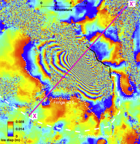 Interferogram of the Dinar, Turkey 1995 earthquake. InSAR allows for the measurement of topographic change over a broad area. Data processed by Gareth Funning.
