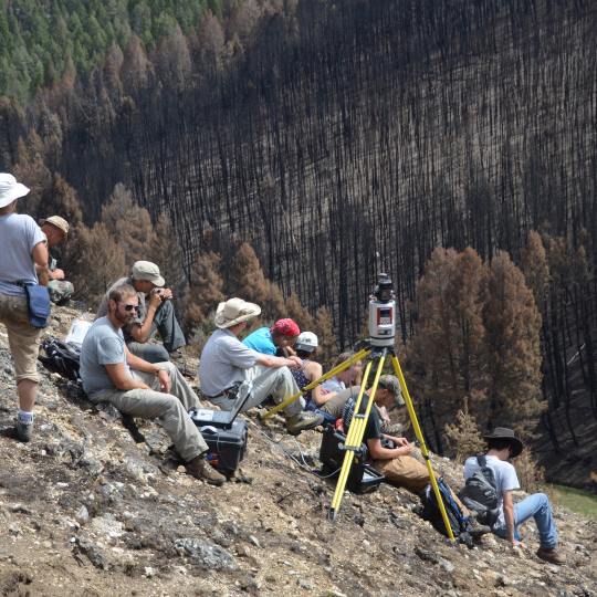 Students on the University of California Davis field camp conduct a TLS survey to determine post-fire changes.