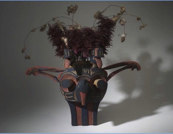 photo of a dynamic mask from the Swai’xwe tribe, British Columbia representing natural shaking—of the ground and atmosphere.  Ludwin, Ruth S. 2008.   “Pacific Northwest Earthquakes:  Evidence in Native Myth and Tradition.” 