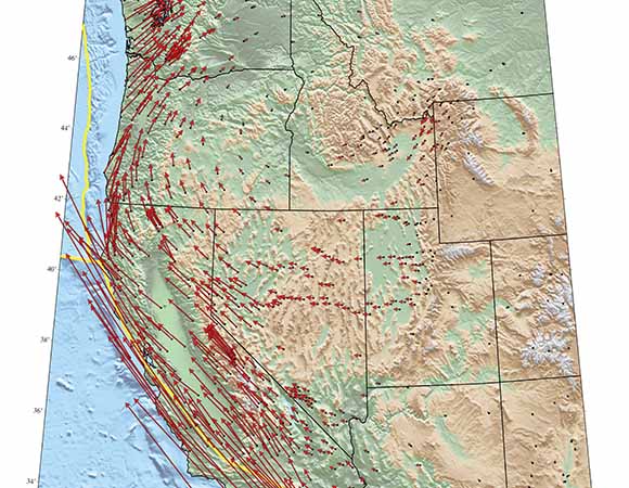 Tectonic motions of the western United States as expressed by vectors.