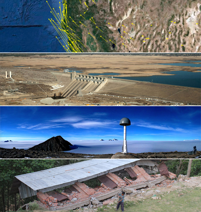 GPS crustal mostion vectors in western USA; near-empty reservoir during California drought; GPS station in Greenland; earthquake damaged school in Nepal