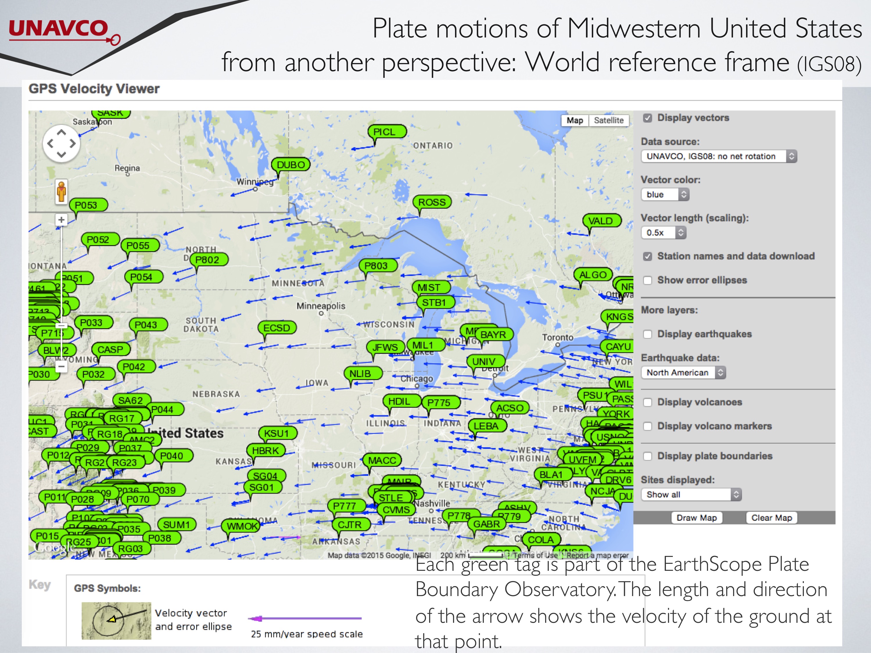 Map of the midwest United States showing plate motion using data from GPS sites of the EarthScope Plate Boundary Observatory and other networks