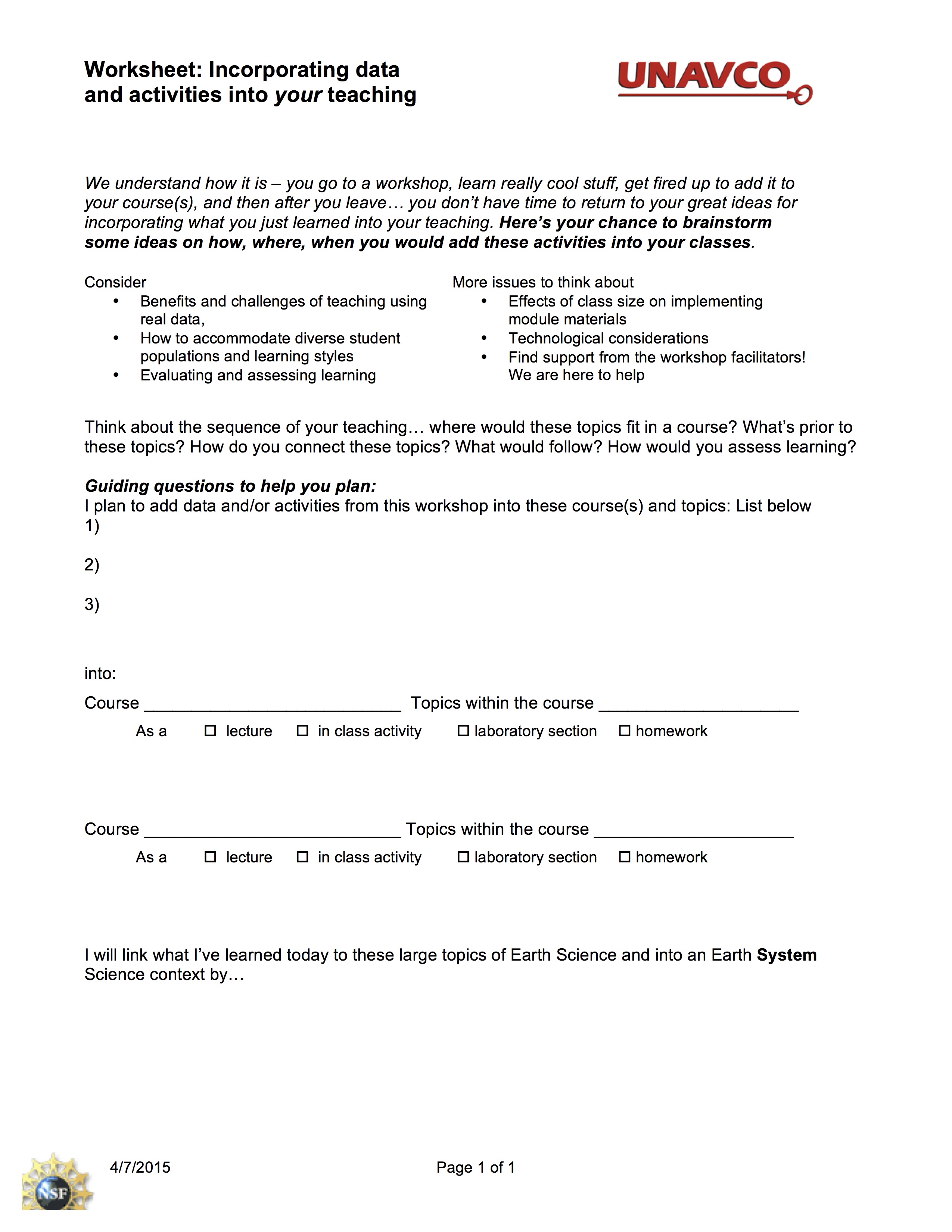 Adding workshop materials into lesson plans.