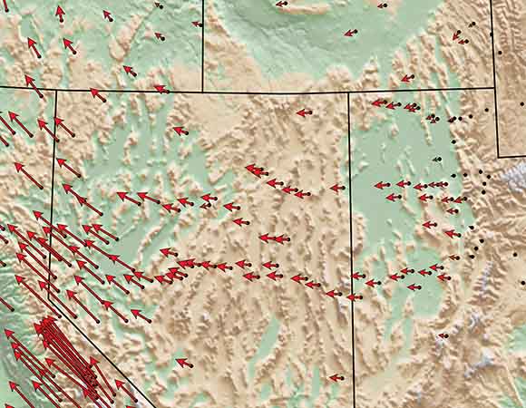 Basin and range region land motions as measured with high-precision GPS instruments in the Western United States.