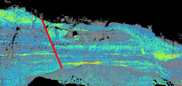Student TLS data for stratigraphic and fault offset analyses (fault in red). 