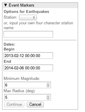 Earthquake Markers Menu