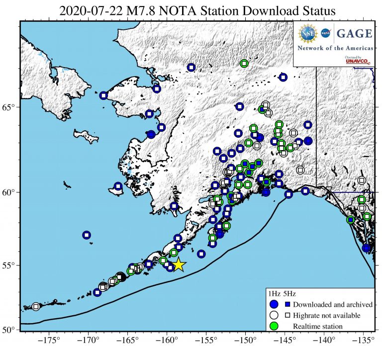 Map showing NOTA GPS/GNSS stations within 1550 km of the event epicenter.