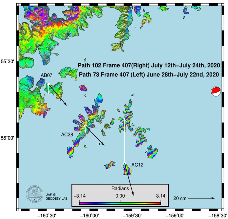 Satellite interferometric phase changes (InSAR) following the M7.8 Simeonof, Alaska, earthquake