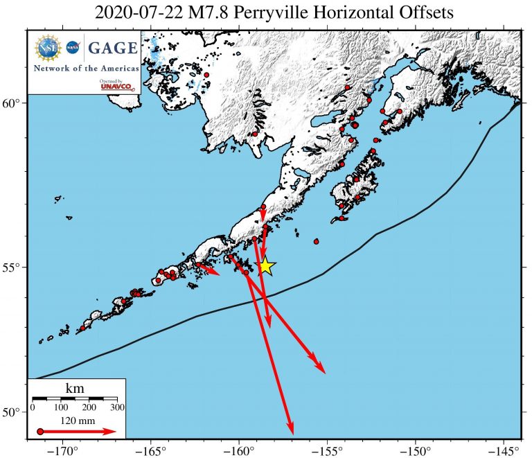 Coseismic offsets of NOTA GNSS stations as calculated by the GAGE GNSS Analysis Center (MIT)