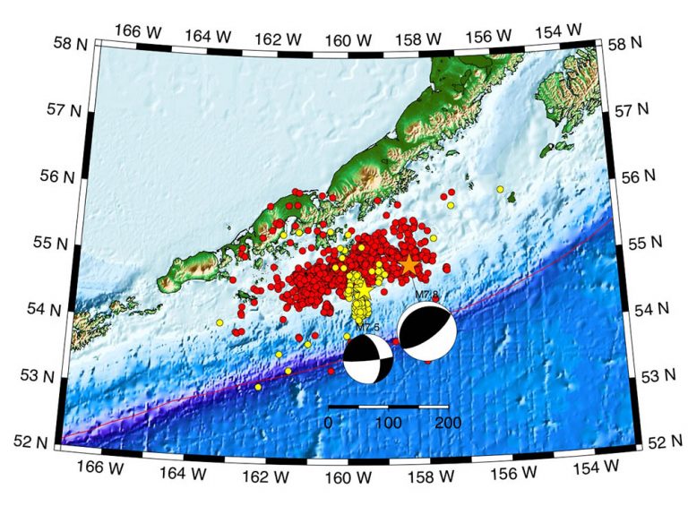 M7.8 Simeonof Alaska epicenter and aftershock locations