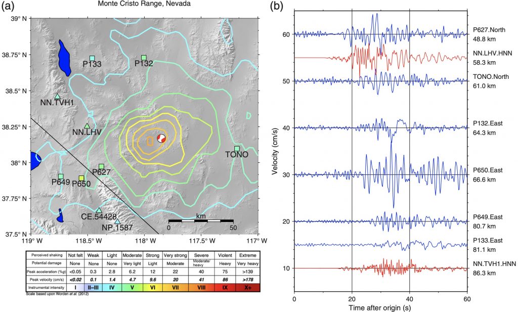 map and data showing how GPS station shaking estimates compared to ShakeMap for the Nevada earthquake