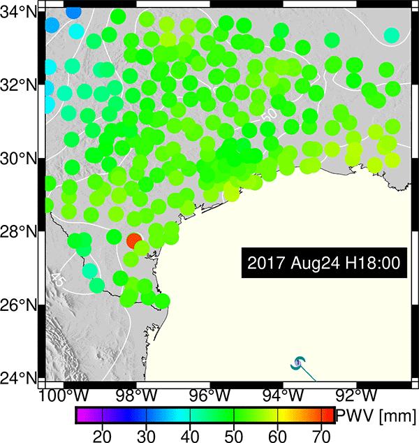 animated gif of daily hurricane center location and water vapor data surrounding