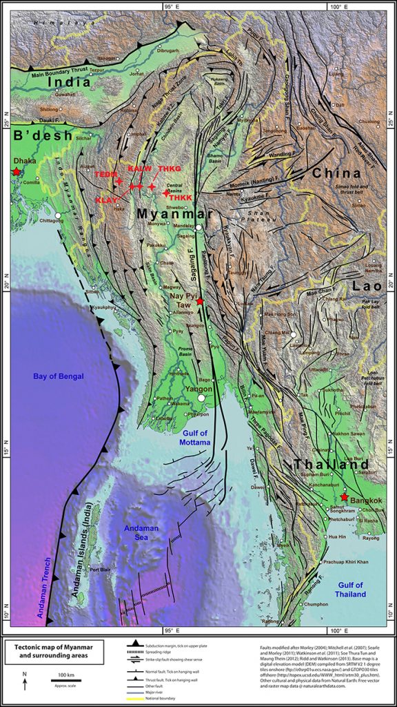 Map of the local tectonic setting of Myanmar with the five new cGPS stations marked.