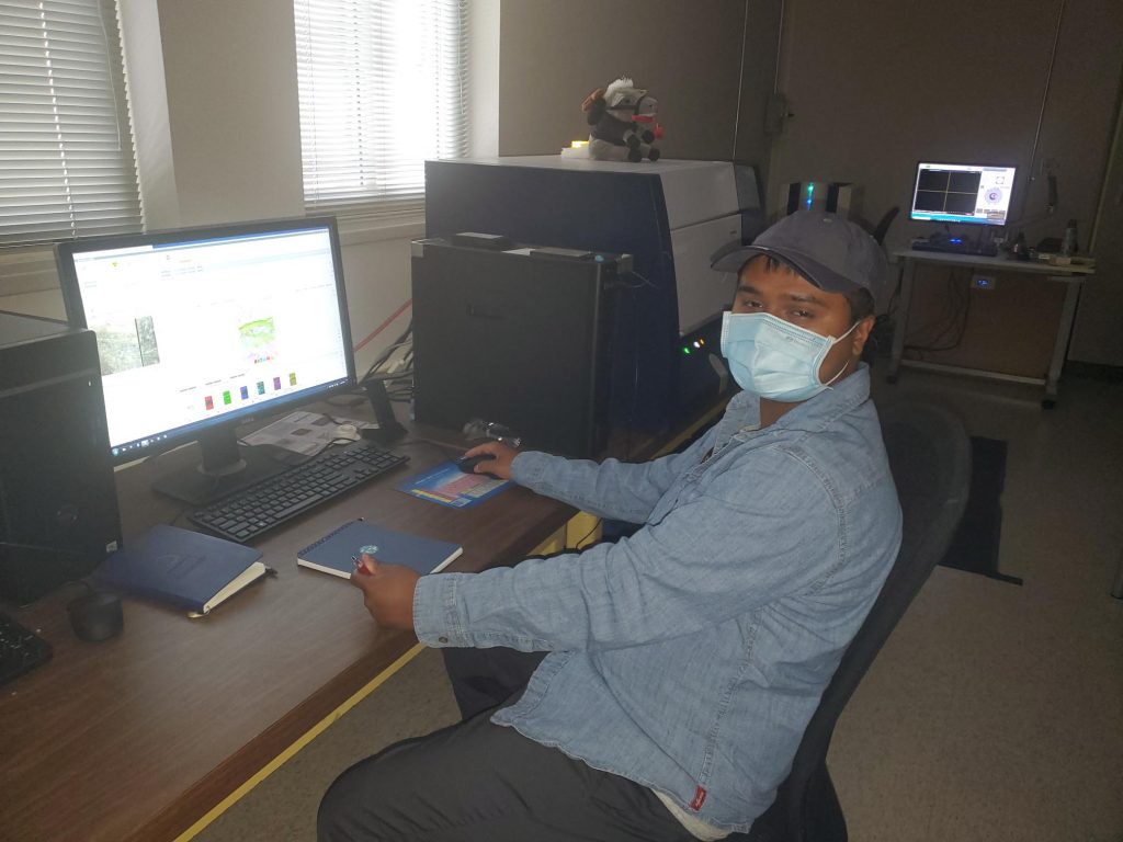 RESESS intern Shams Ahmed looking at a computer with XRF data open.