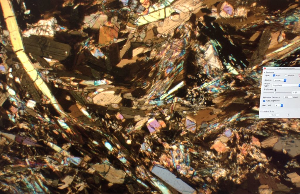 Microscope image of thin section, many different minerals and grain sizes are present.