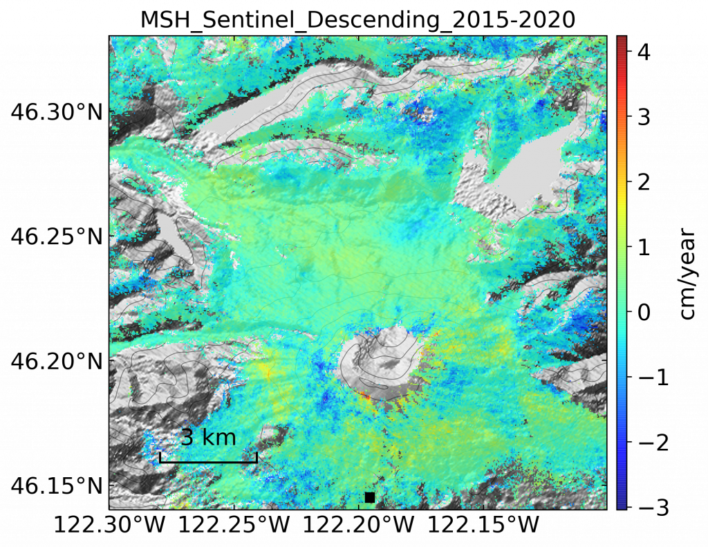 Velocity map over Mt. St. Helens with Sentinel data from 2015-2020. Scale ranges from -3 cm/year to 4 cm/year. Most of the area falls around -1 to 1 cm/year.