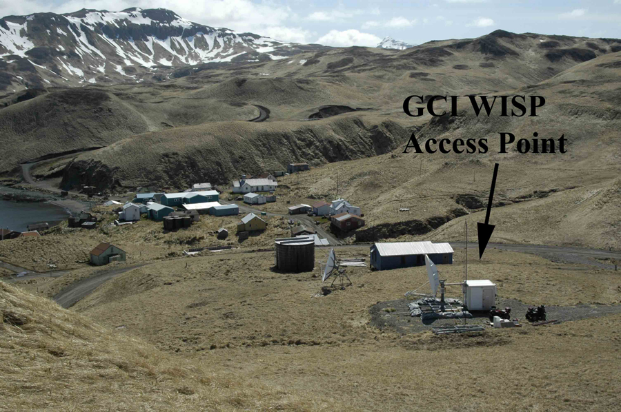 far away view of GPS station, arrow pointing to enclosure as GCL WISP access point