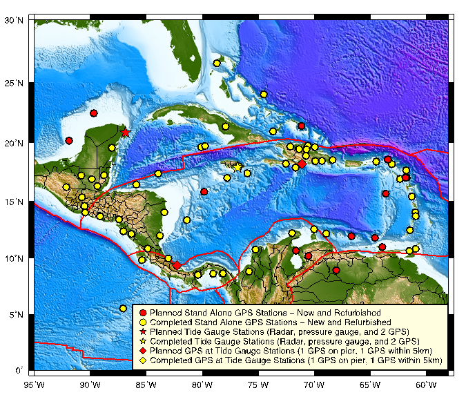 Map of the southern tip of Mexico, Central America, and a portion of South America with GNSS Tide Gauge Locations marked throughout