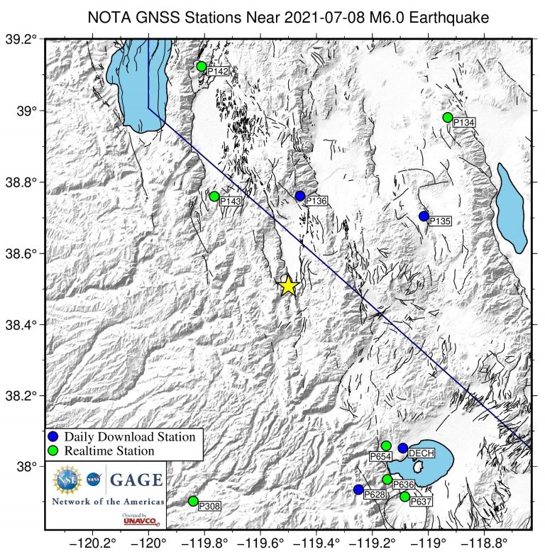 map showing epicenter and nearby gps stations