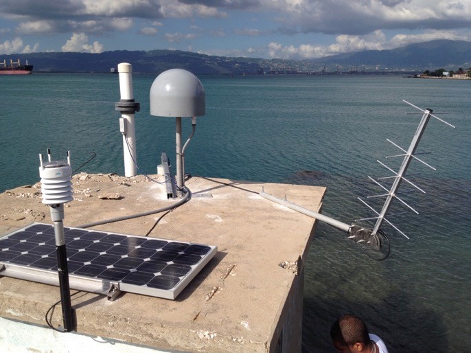 GNSS Tide Gauge mounted on a platform in the water in Port Royal, Jamaica