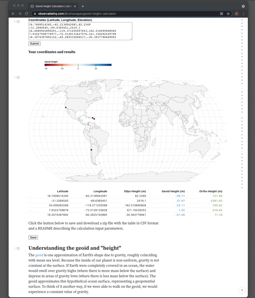 Screenshot of Cassie's work on Observable to create a revised Geoid Height Calculator tool