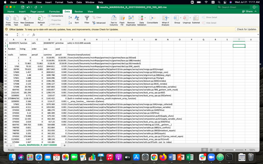Spreadsheet of the profile results for a RINEX 3 file.