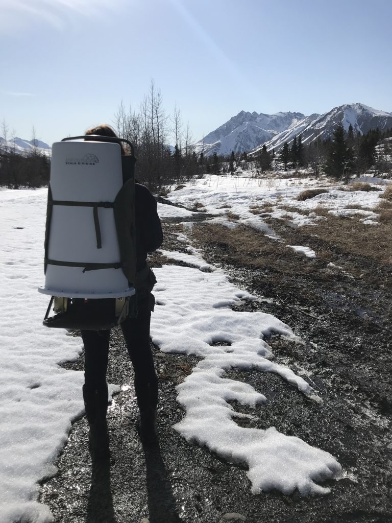 staff member in field walking on snow ground