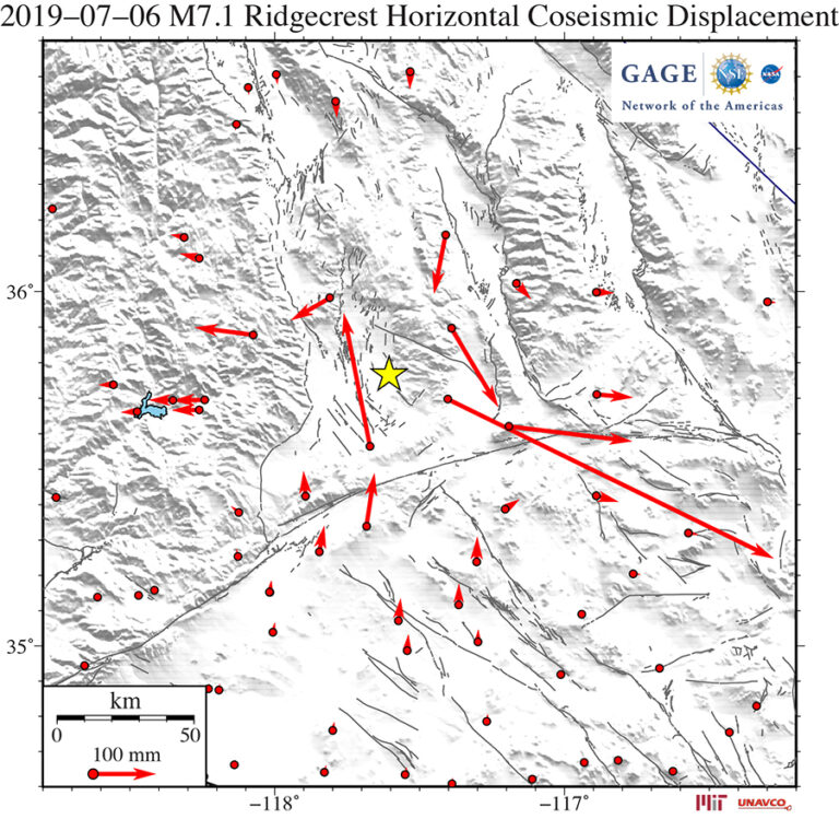 map showing stations around 2019 Ridgecrest earthquake with arrows showing motion of each station