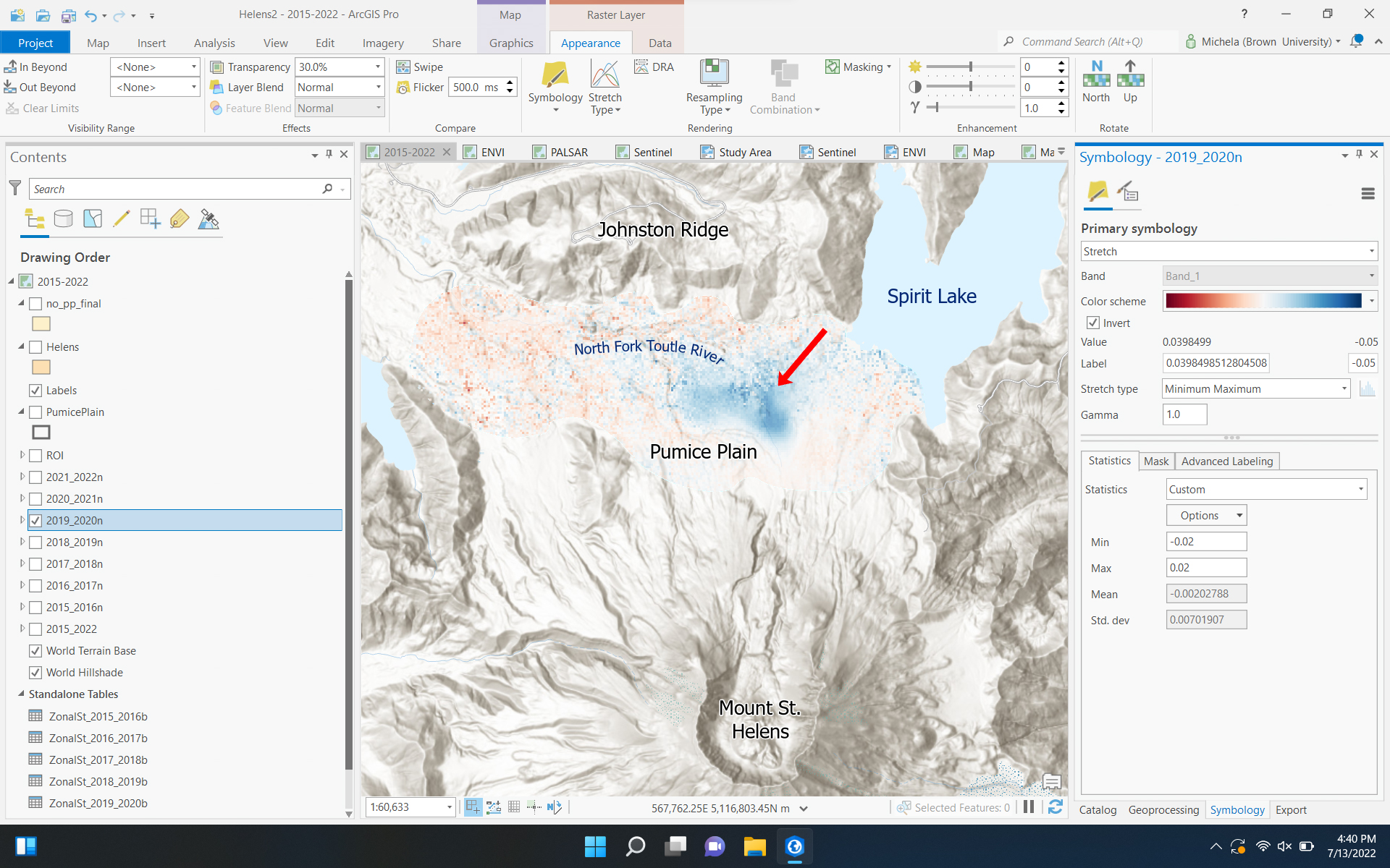 GIS displacement map created by RESESS Satellite Intern Michela Savignano of the area surrounding Mount St. Helens. A red arrow points to the Pumice Plain, located just below North Fork Toutle River, Spirit Lake, and Johnston Ridge.