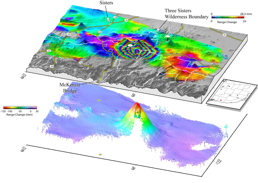 figure shows insar interferogram overlaid on topography of Three Sisters in Oregon
