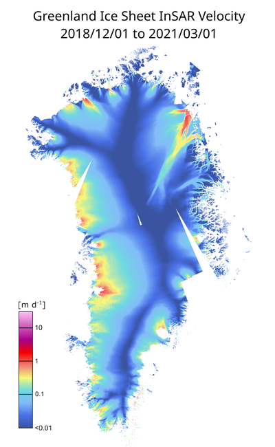map of insar-measured ice velocity for Greenland