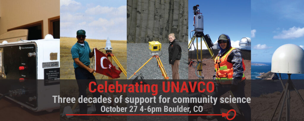 banner with photos of staff over the years, text reads celebrating UNAVCO: decades of support for community science, October 27 4-6 pm Boulder, CO