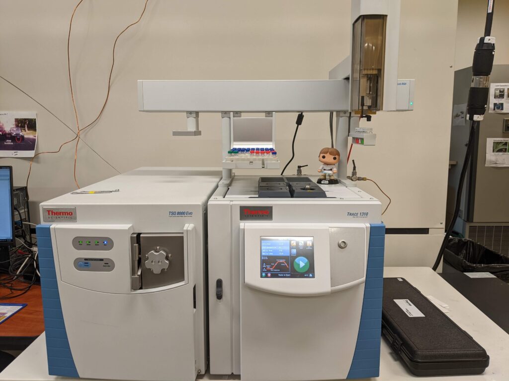 Thermo gas phase chromatography mass spectrometer. There is a Luke Skywalker funko-pop toy sitting on top of the machine.