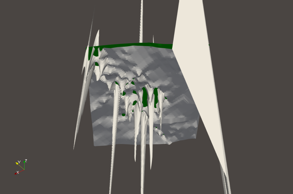 Visualization of a bad interpolation of "depth of refusal" in relation to the ground surface in ParaView. There is a ground layer with spikes that stick out below and above the ground layer.