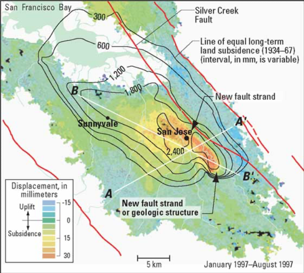 map of surface subsidence in Santa Clara Valley