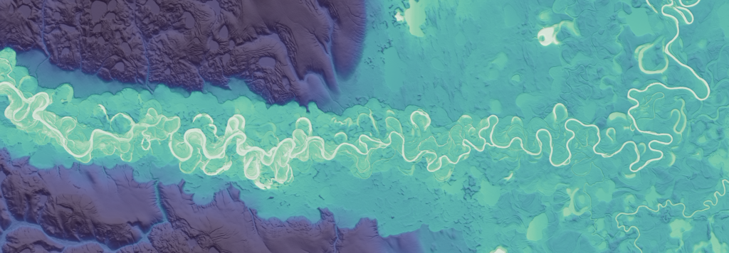 Image of a river relative elevation model created by USIP Intern Kenny Larrieu. It is various shades of teal and purple, with the river twisting and meandering throughout time, getting much thinner but still very windy over time.