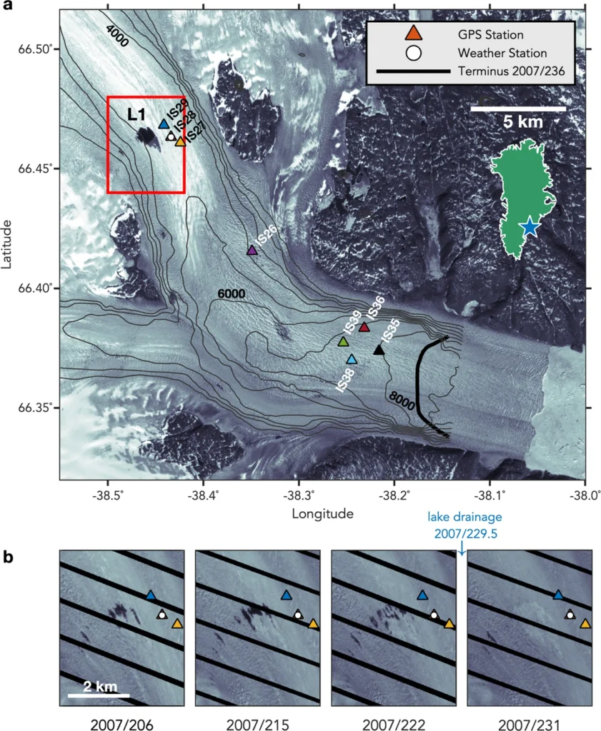 satellite image of glacier showing instrument locations