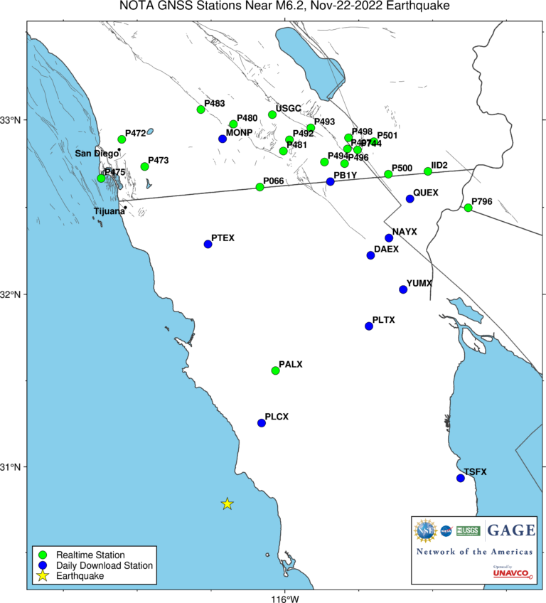 map showing epicenter and locations of nearest stations