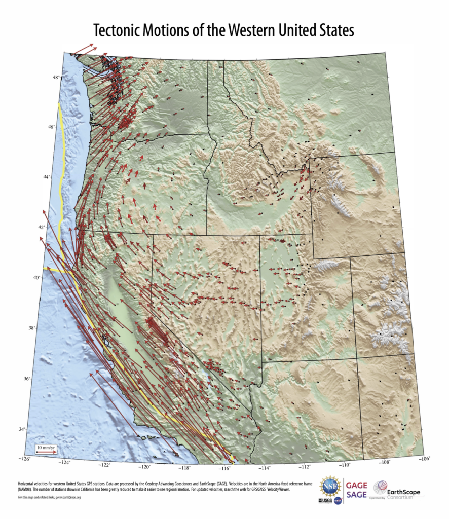 map of the US west coast with gps velocity vectors