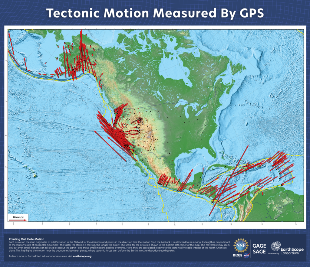 front of poster titled "tectonic motion measured by gps" showing vectors across north and central america